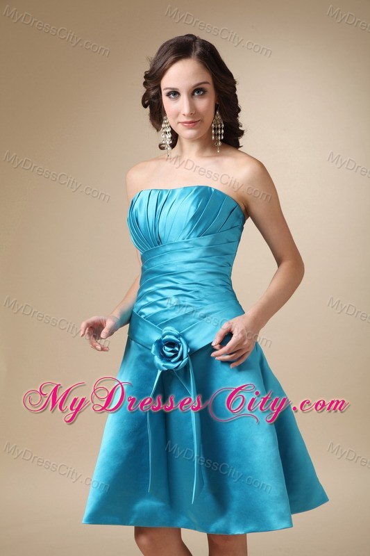 Turquoise Knee-length Satin Hand Made Flower Bridesmaid Dress