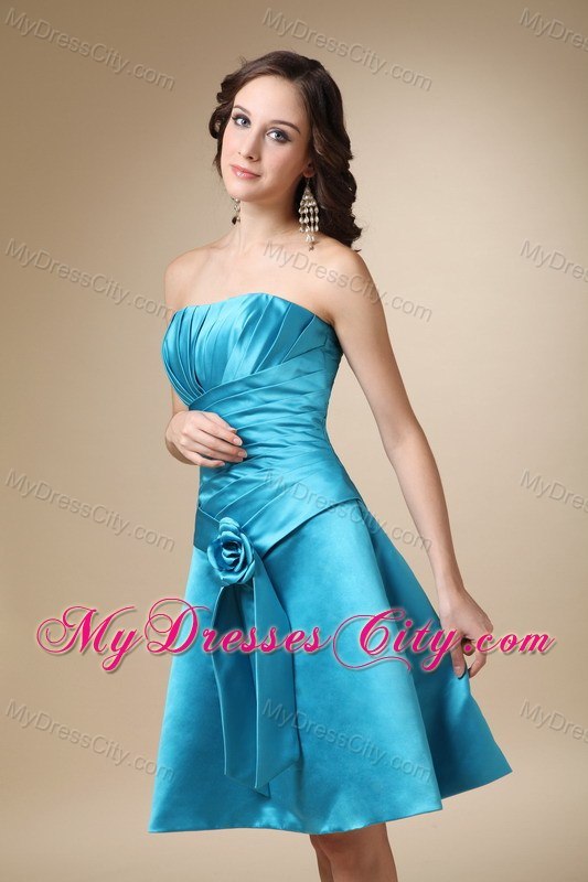 Turquoise Knee-length Satin Hand Made Flower Bridesmaid Dress