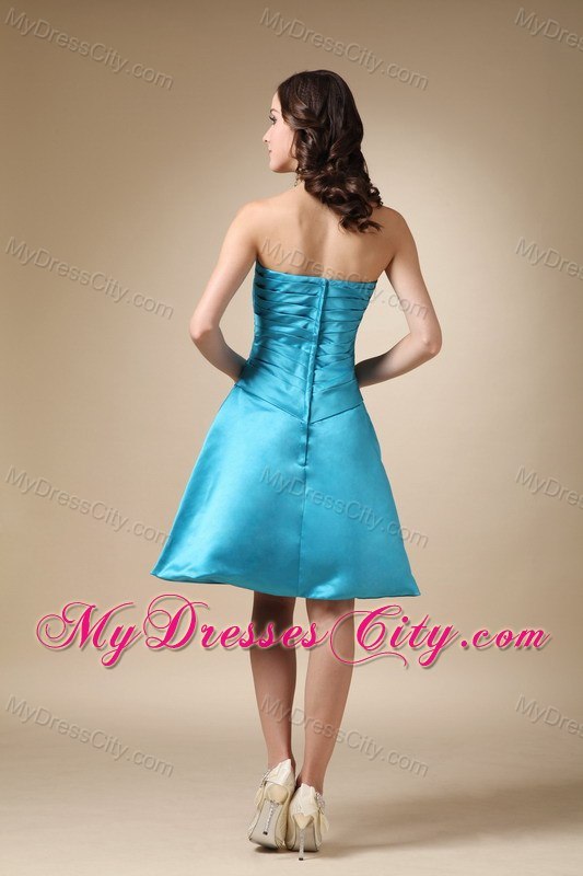 Turquoise Knee-length Satin Hand Made Flower Bridesmaid Dress