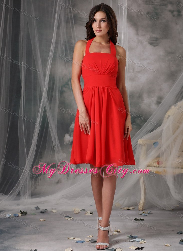 Empire Halter Top Bridesmaid Dress Chiffon Ruched Knee-length