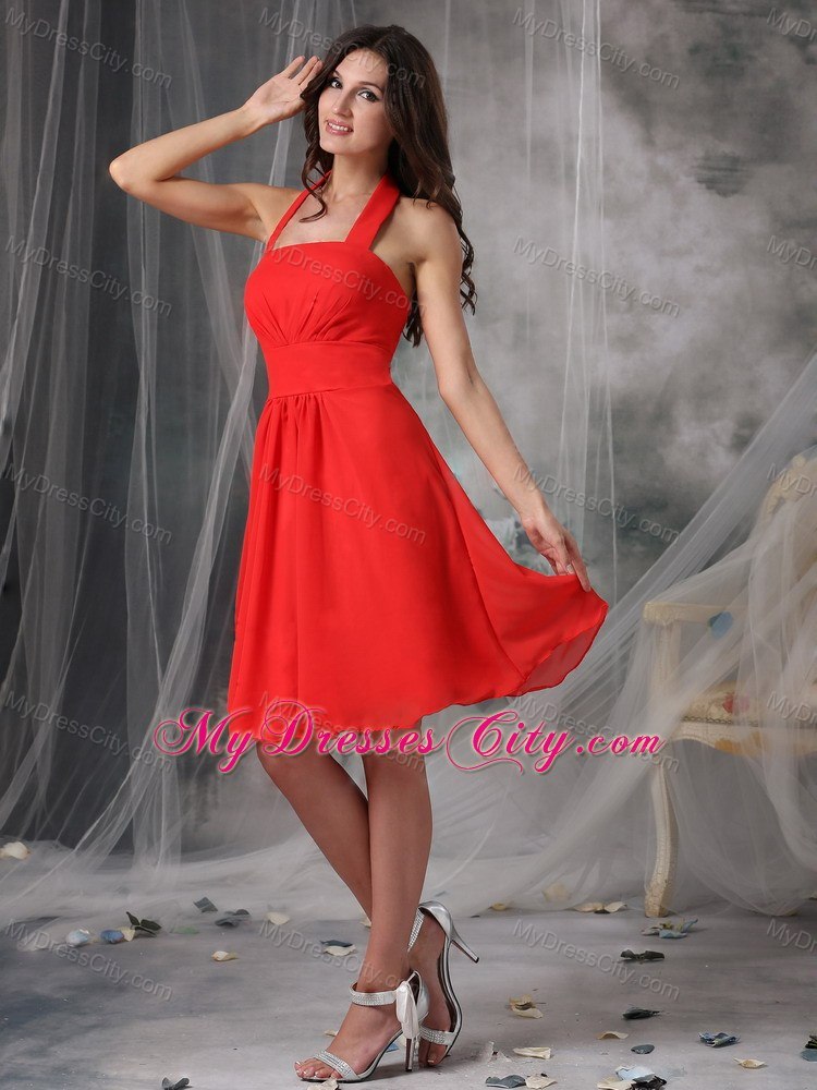 Empire Halter Top Bridesmaid Dress Chiffon Ruched Knee-length