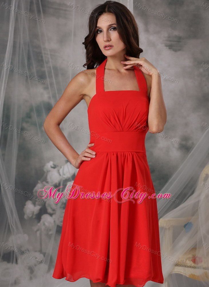 Empire Halter Top Bridesmaid Dress Chiffon Ruched Knee-length