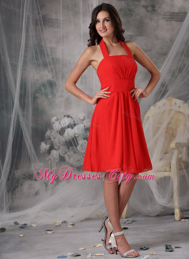 Empire Halter Top Bridesmaid Dress Chiffon Ruched Knee-length