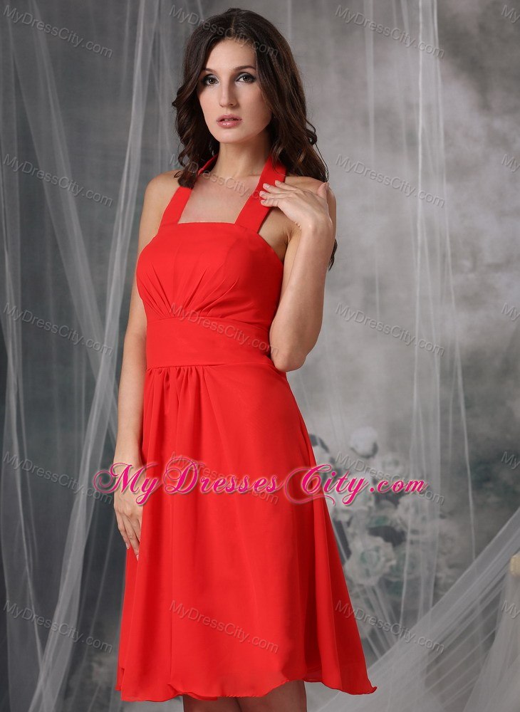 Empire Halter Top Bridesmaid Dress Chiffon Ruched Knee-length