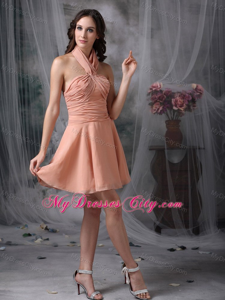 Rust Red Bridesmaid Dress Halter Top Chiffon Ruched Mini-length