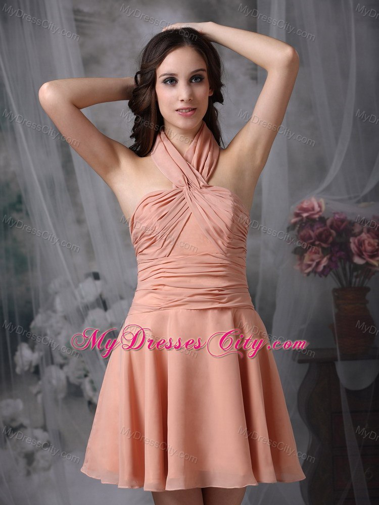 Rust Red Bridesmaid Dress Halter Top Chiffon Ruched Mini-length