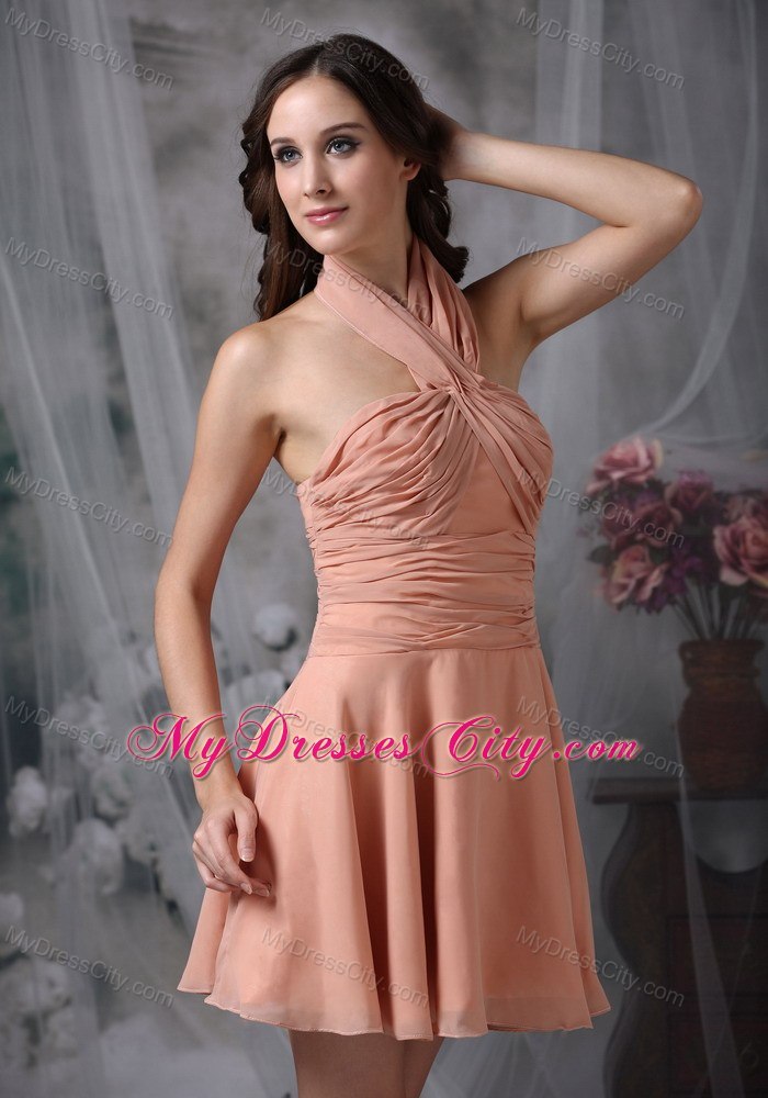 Rust Red Bridesmaid Dress Halter Top Chiffon Ruched Mini-length