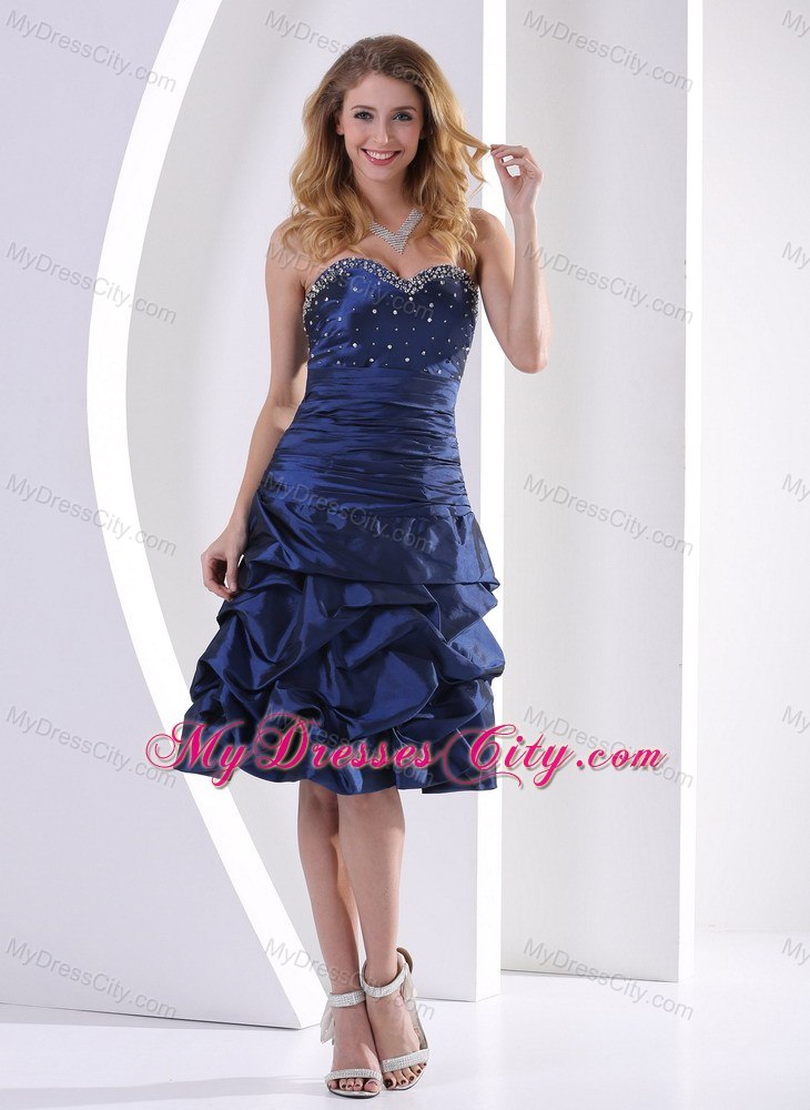 Navy Blue Beaded Knee-length Bridesmaid Dress with Ruffles Layer