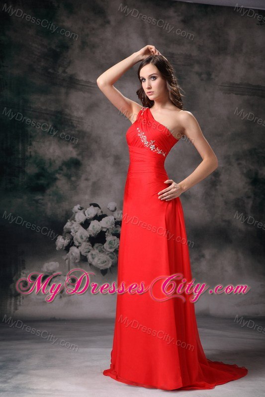 Red One Shoulder Maternity Bridesmaid Dress Chiffon with beading