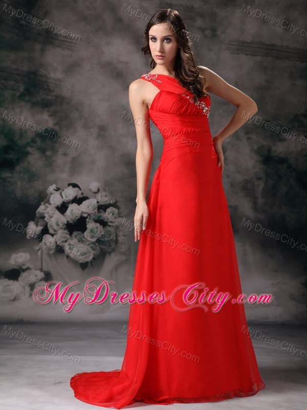 Red One Shoulder Maternity Bridesmaid Dress Chiffon with beading