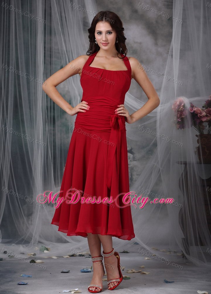 Wine Red Column Halter Tea-length Chiffon Ruched Bridesmaid Dress