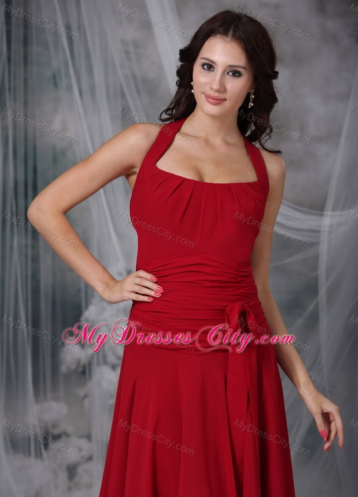 Wine Red Column Halter Tea-length Chiffon Ruched Bridesmaid Dress