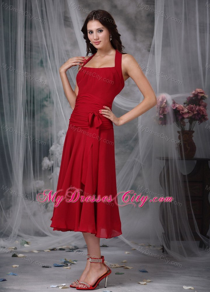 Wine Red Column Halter Tea-length Chiffon Ruched Bridesmaid Dress