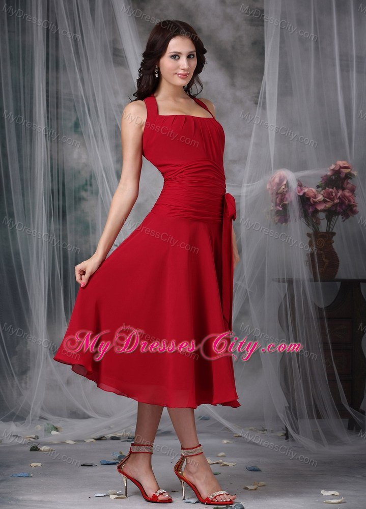 Wine Red Column Halter Tea-length Chiffon Ruched Bridesmaid Dress