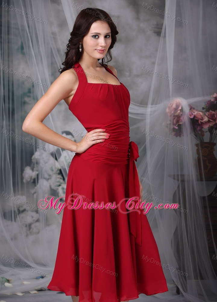 Wine Red Column Halter Tea-length Chiffon Ruched Bridesmaid Dress