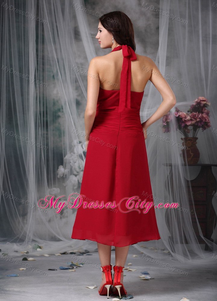 Wine Red Column Halter Tea-length Chiffon Ruched Bridesmaid Dress