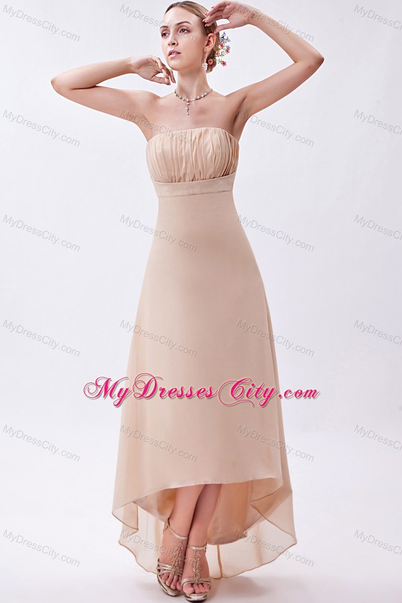 Champagne Empire Strapless High-low Chiffon Ruch Bridesmaid Dress