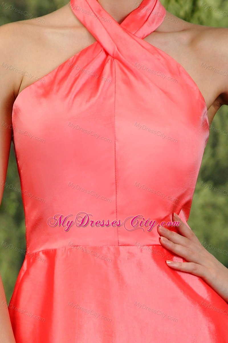 Watermelon Red Haltered High-neck Mini-length Junior Bridesmaid Dress