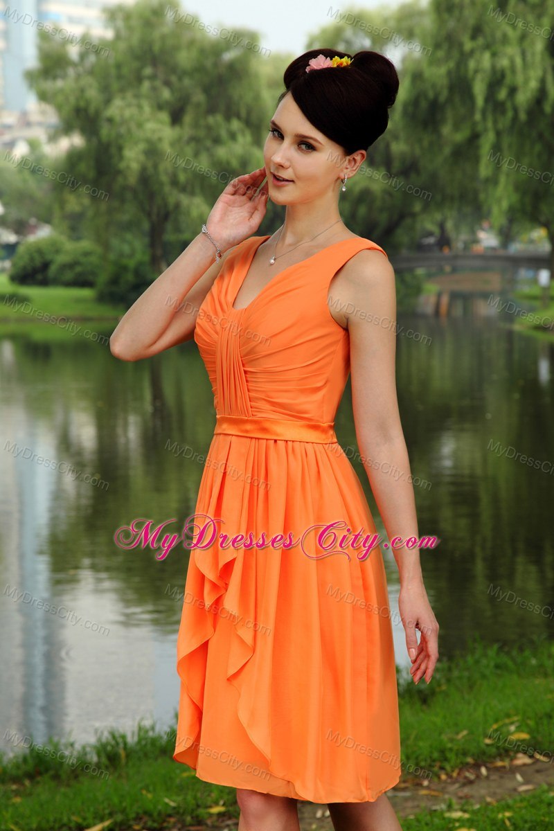 Orange Empire V-neck Knee-length Chiffon Ruch Bridesmaid Dress