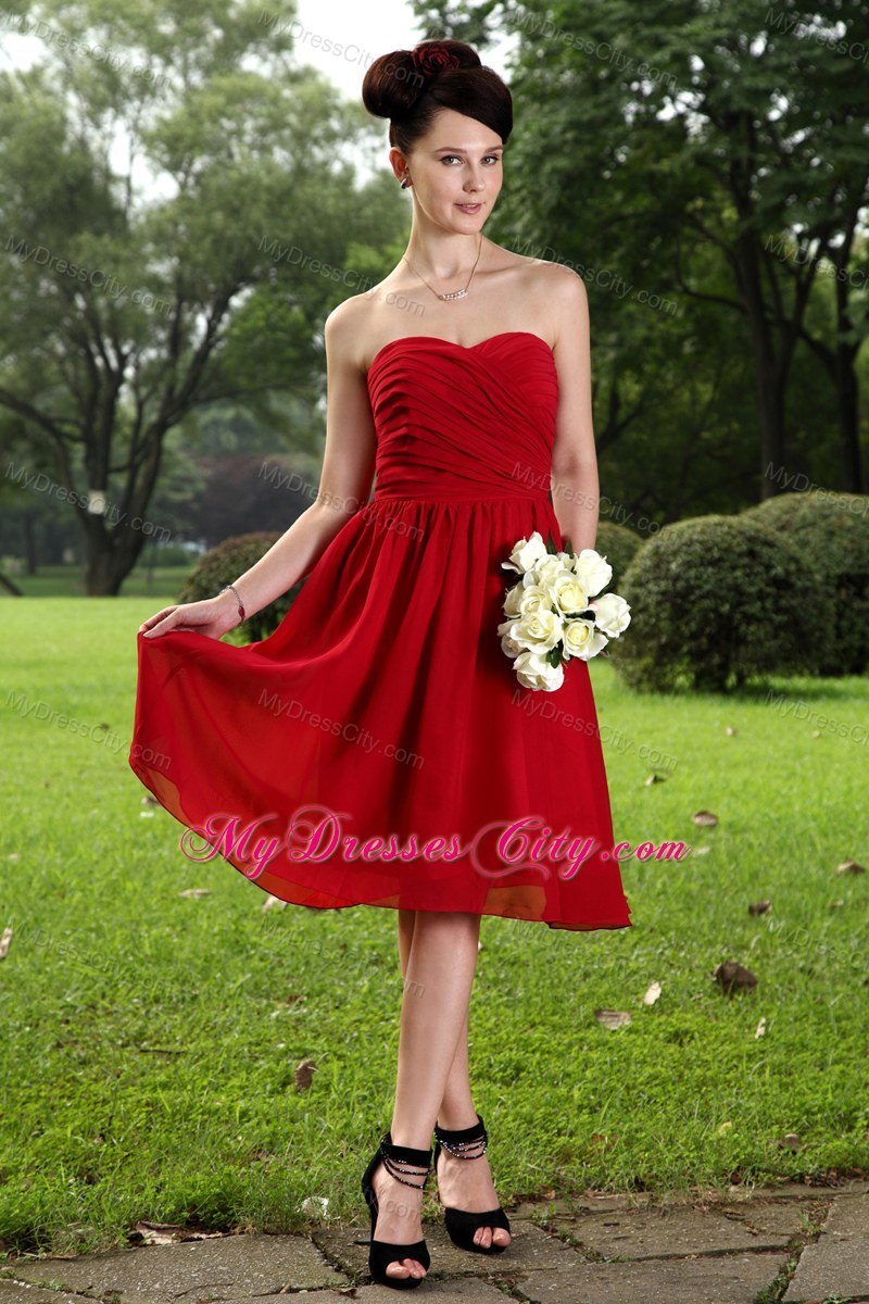 Red Empire Sweetheart Knee-length Chiffon Ruch Bridesmaid Dress