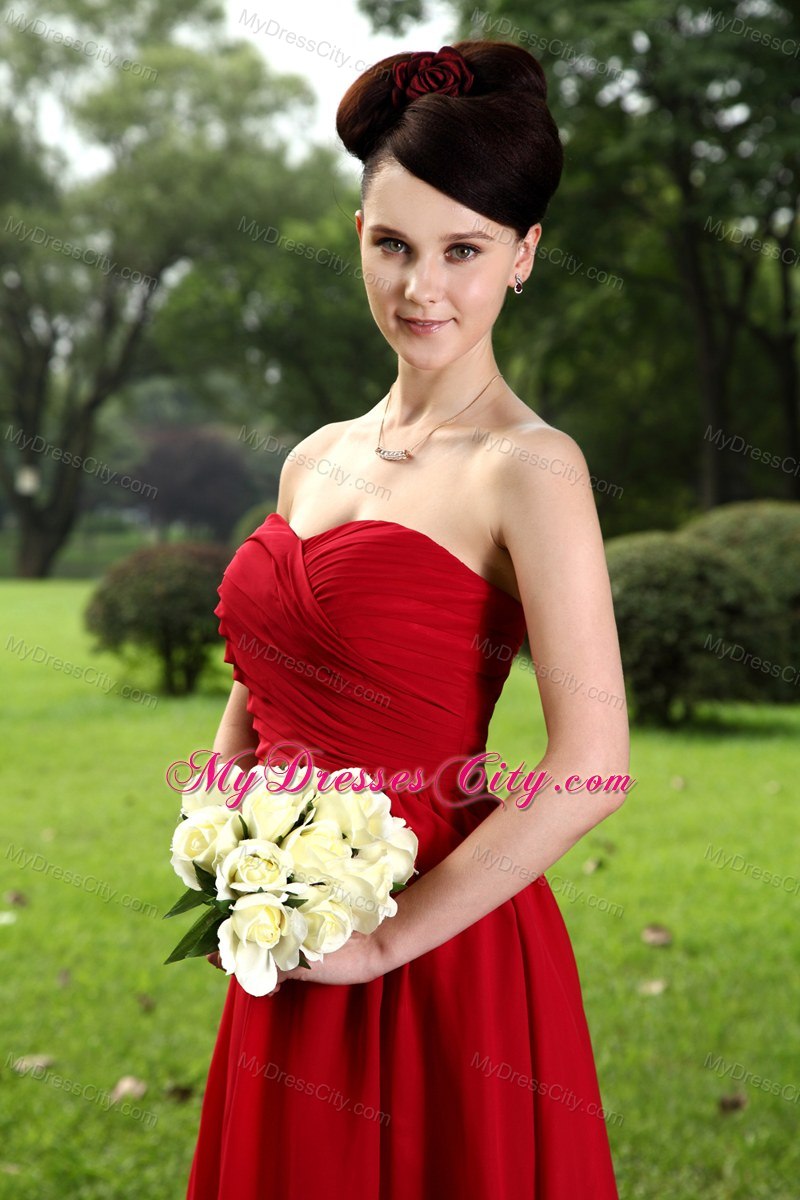 Red Empire Sweetheart Knee-length Chiffon Ruch Bridesmaid Dress