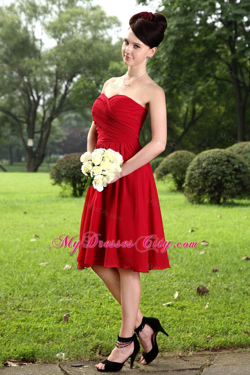 Red Empire Sweetheart Knee-length Chiffon Ruch Bridesmaid Dress