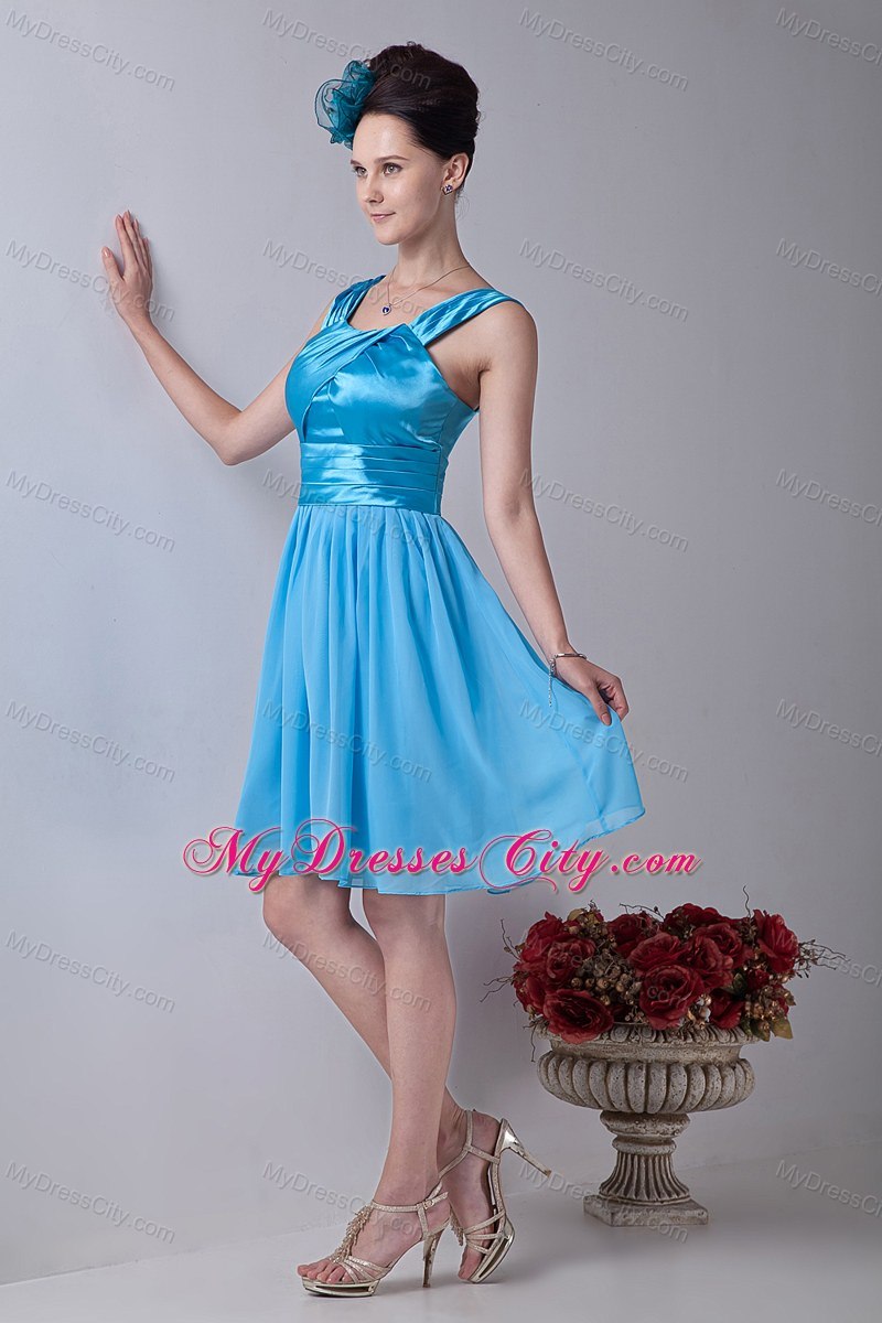 Aqua Blue Knee-length Dress for Junior Bridesmaid with Straps