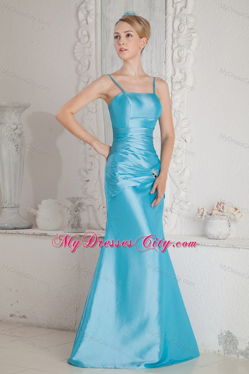 Aqua Blue Column Spaghetti Straps Beading Bridesmaid Dress