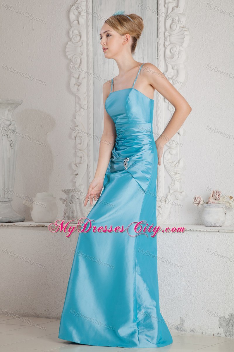 Aqua Blue Column Spaghetti Straps Beading Bridesmaid Dress