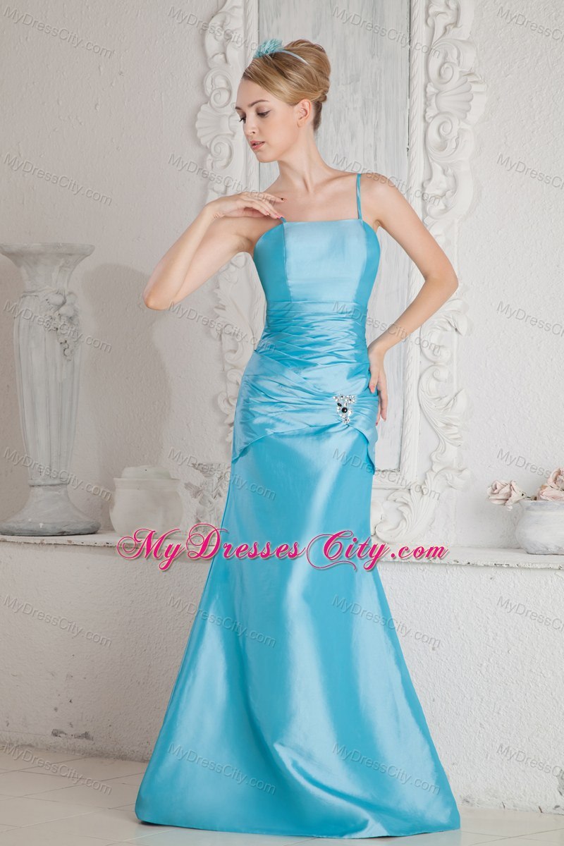 Aqua Blue Column Spaghetti Straps Beading Bridesmaid Dress