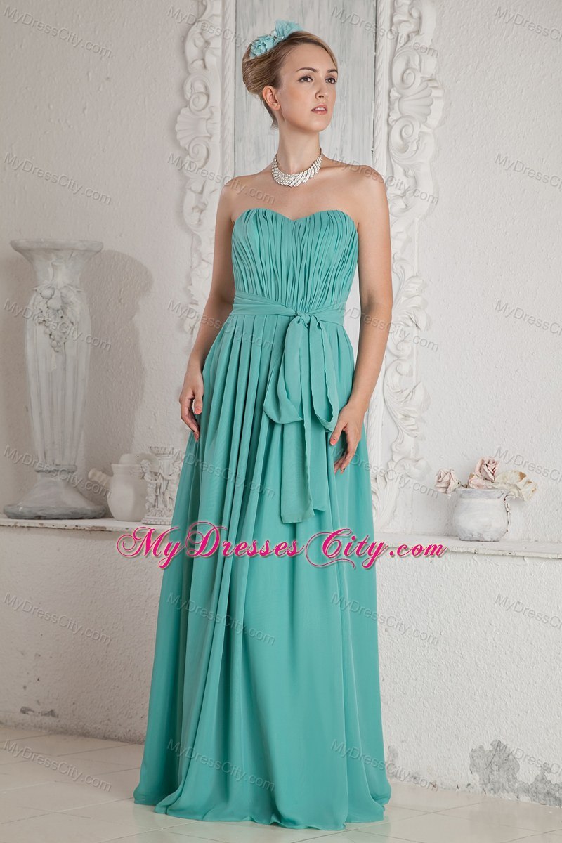 Cheap Turquoise Ruched Sweetheart Bridesmaid Dress with Sash