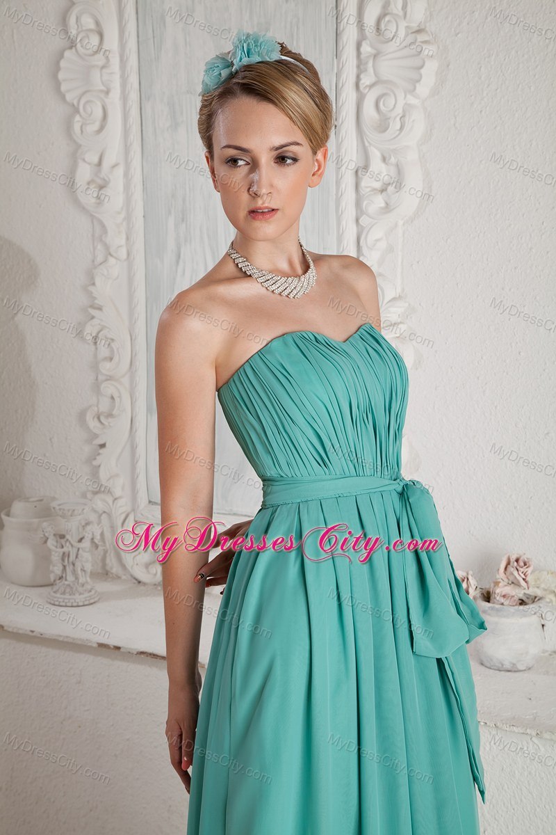 Cheap Turquoise Ruched Sweetheart Bridesmaid Dress with Sash