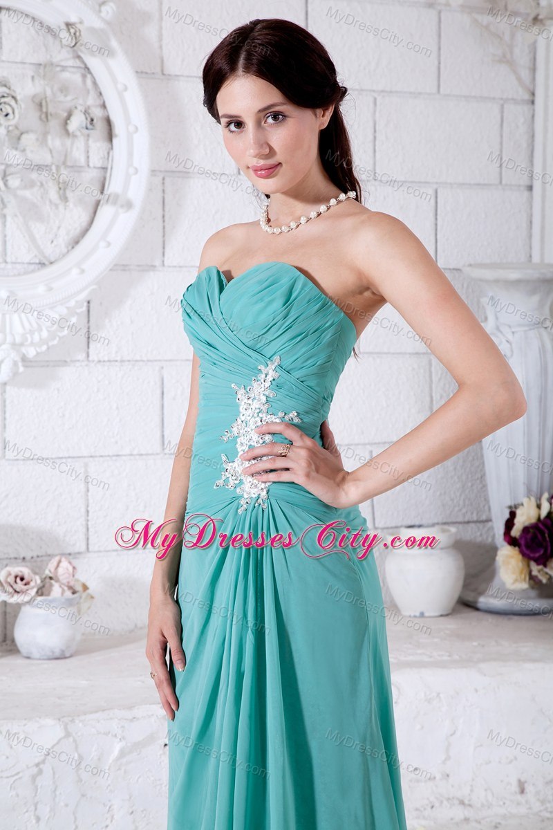 Turquoise Chiffon Appliques Bridesmaid Dress in Ankle-length