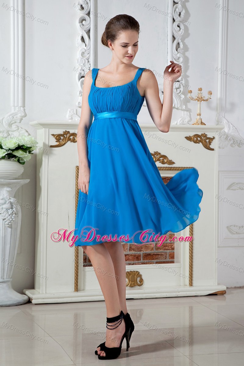 Teal Square Chiffon Bridesmaid Dress Knee-length with Belt