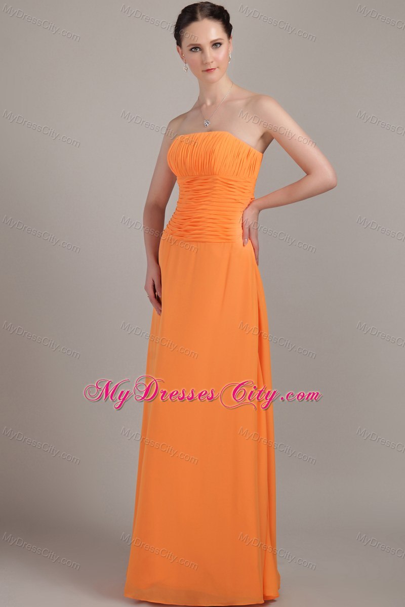 Orange Column Strapless Chiffon Ruched Bridesmaid Dress with Zipper