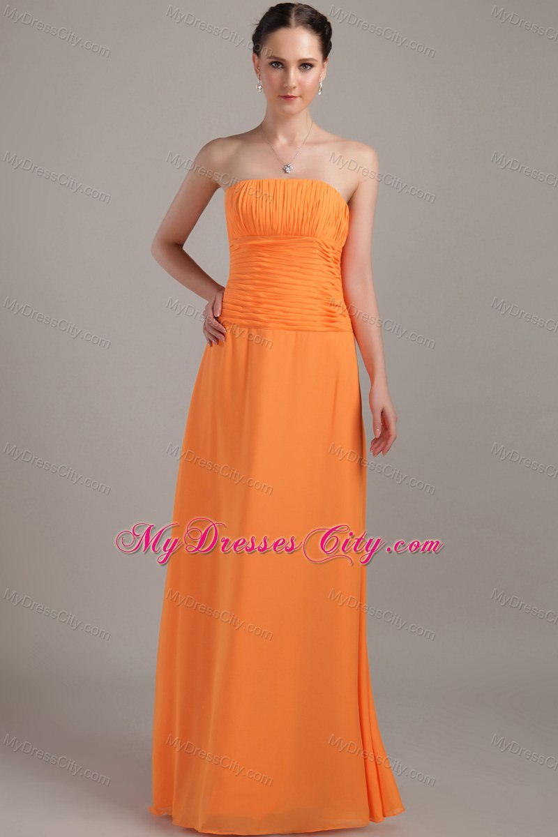 Orange Column Strapless Chiffon Ruched Bridesmaid Dress with Zipper