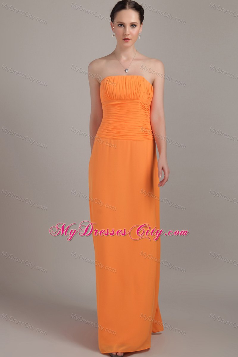 Orange Column Strapless Chiffon Ruched Bridesmaid Dress with Zipper