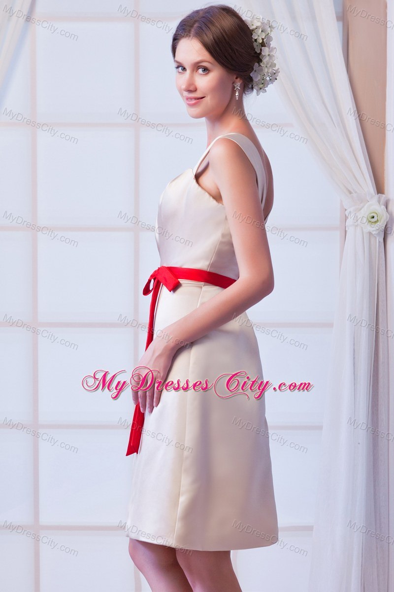 Square Champagne Mini-length Bridesmaid Dresses with Red Satin Bow