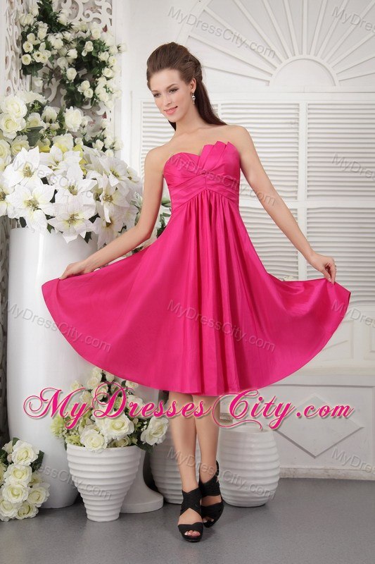 Hot Pink asymmetrical Neckline Empire Knee-length Bridesmaid Dress