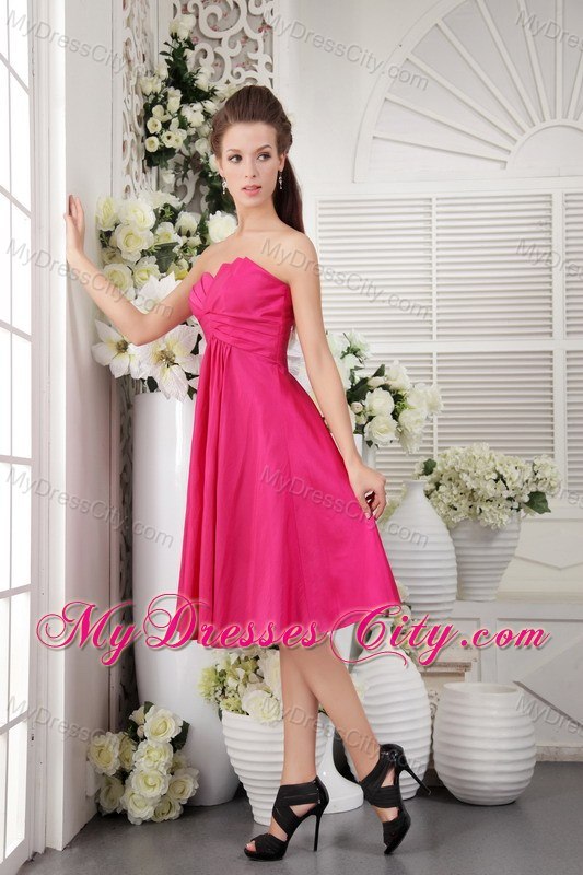 Hot Pink asymmetrical Neckline Empire Knee-length Bridesmaid Dress