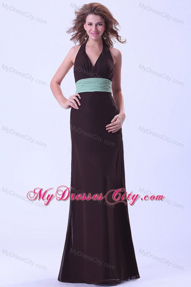 Brown Empire Halter Backless Ruched Chiffon Bridesmaid Dress