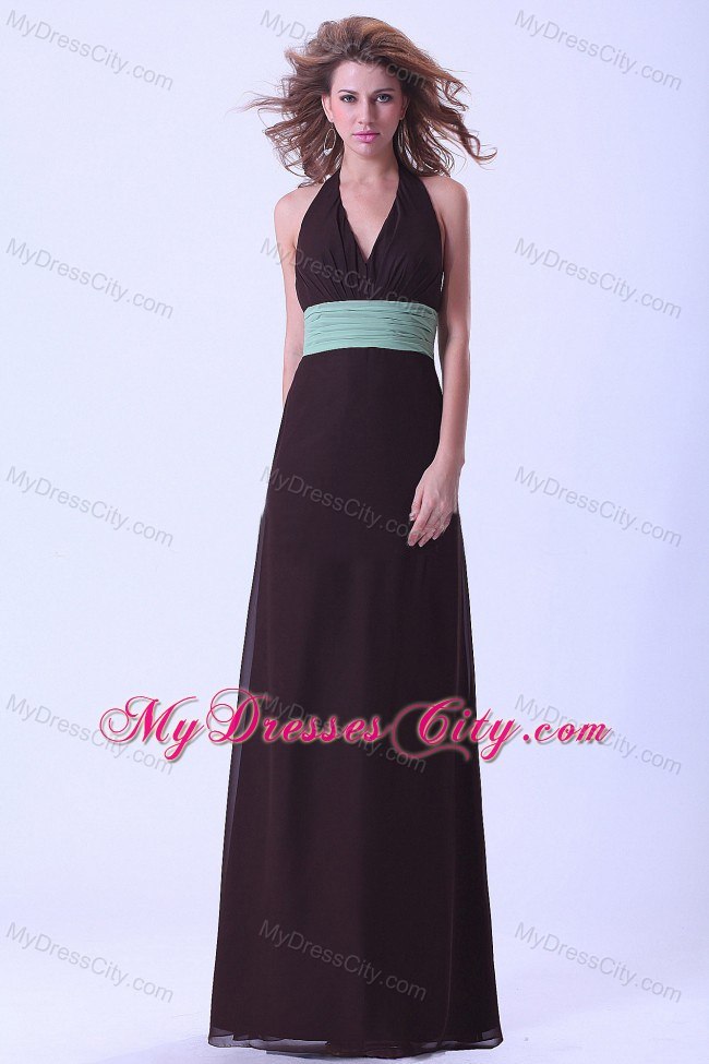 Brown Empire Halter Backless Ruched Chiffon Bridesmaid Dress