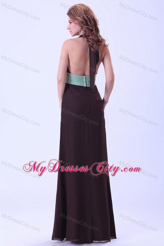 Brown Empire Halter Backless Ruched Chiffon Bridesmaid Dress