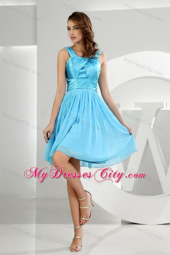 Baby Blue Princess Straps Ruched Dress for Bridesmaid