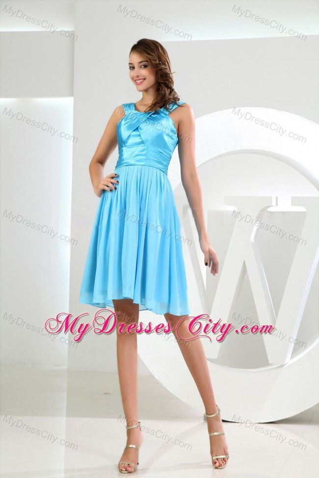 Baby Blue Princess Straps Ruched Dress for Bridesmaid