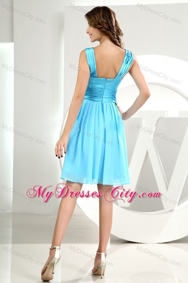 Baby Blue Princess Straps Ruched Dress for Bridesmaid