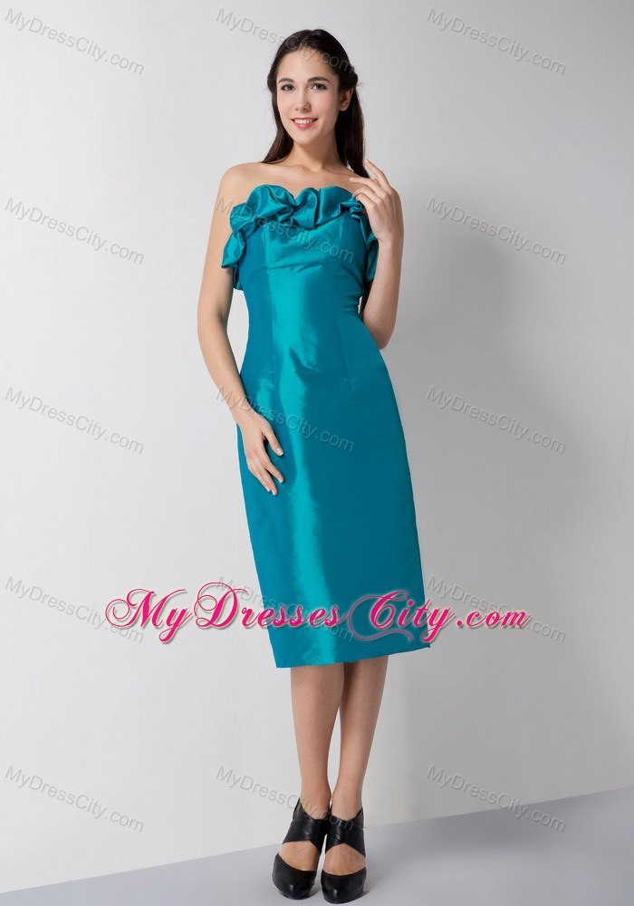 Teal Column Flowery Sweetheart Tea-length Bridesmaid Dress