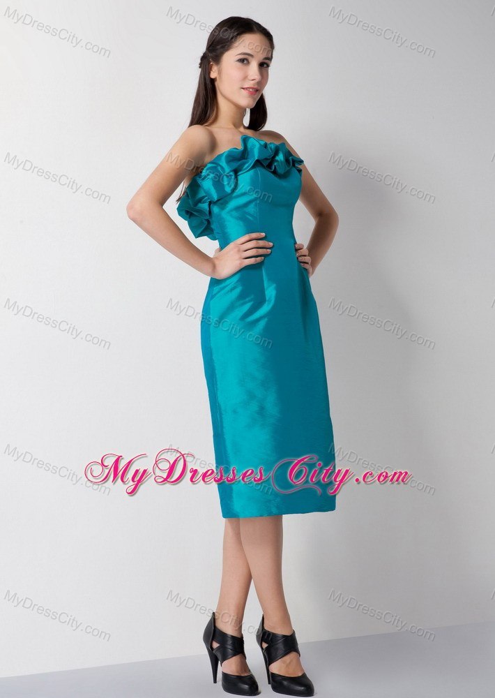 Teal Column Flowery Sweetheart Tea-length Bridesmaid Dress