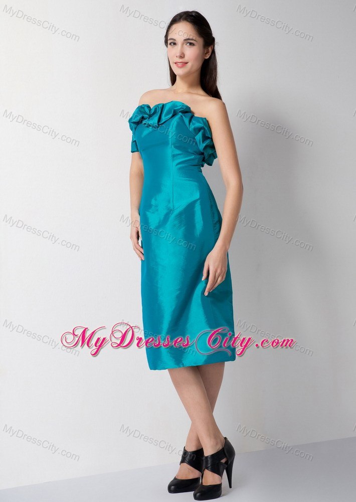 Teal Column Flowery Sweetheart Tea-length Bridesmaid Dress