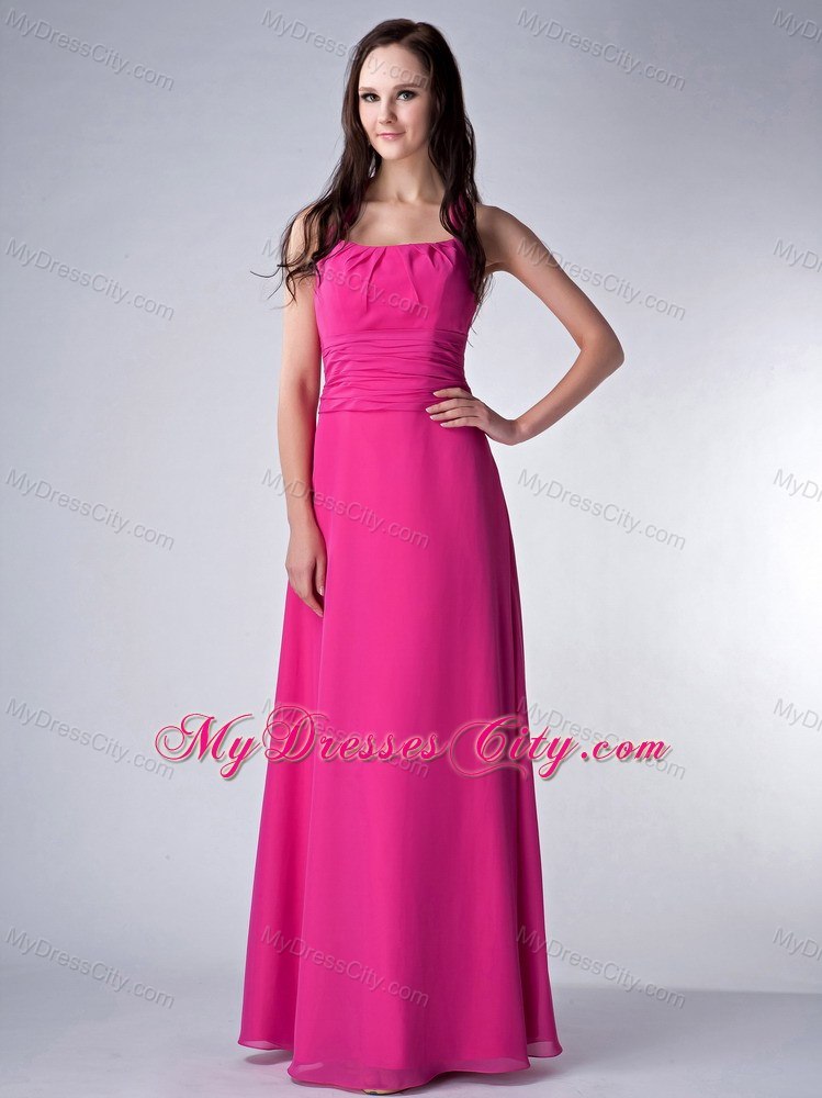 Long Hot Pink Empire Halter Ruched Waist Bridesmaid Dress